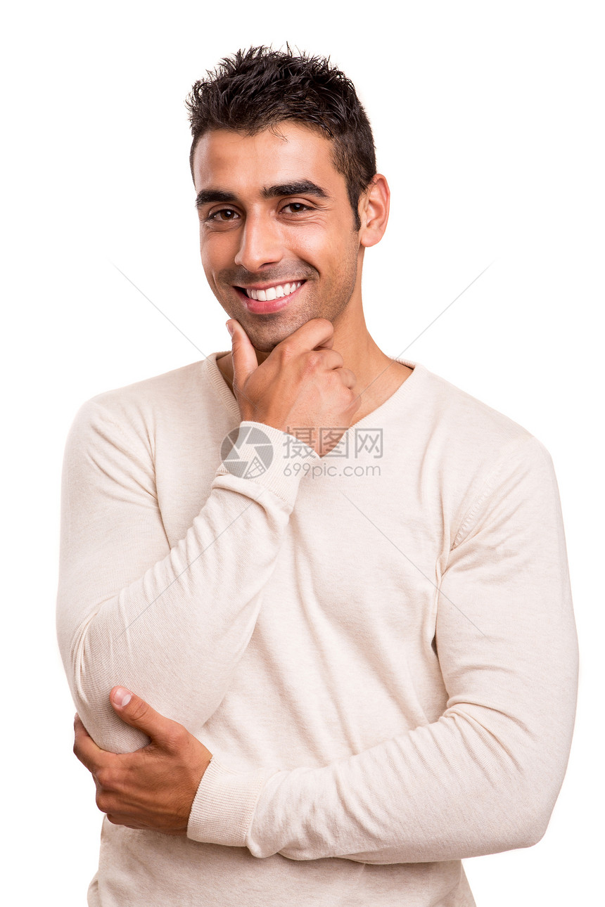 一个微笑的年轻人的肖像喜悦快乐乐趣男人拉丁白色牙裔男性黑发男生图片