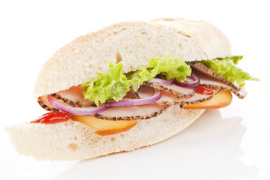 火腿和奶酪三明治绿色午餐蔬菜家禽食物早餐白色面包小吃香肠图片