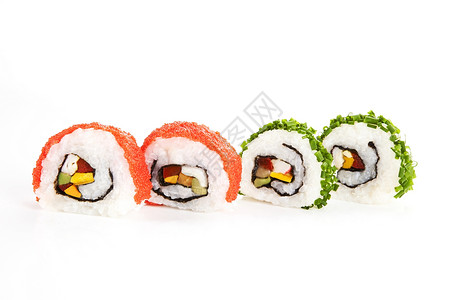 香葱腹脂寿司Makizushi 白色的四张寿司卷背景