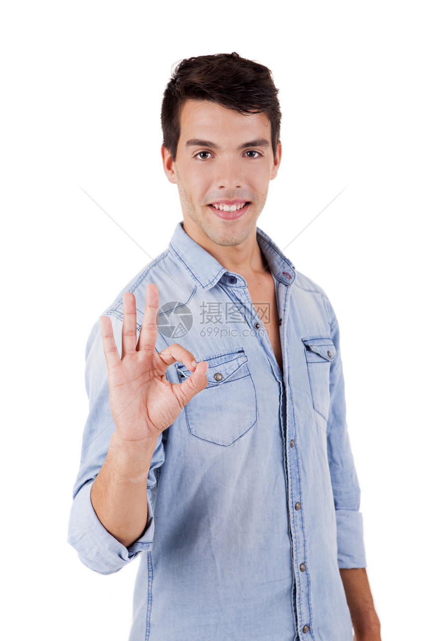 美丽的男人做得很好的标志大学成人男生男性青年蓝色衬衫商务微笑牛仔裤图片