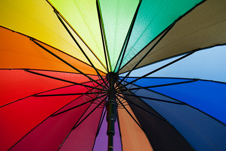 雨伞的颜色彩虹气象安全天气尼龙黄色季节庇护所橙子蓝色背景图片