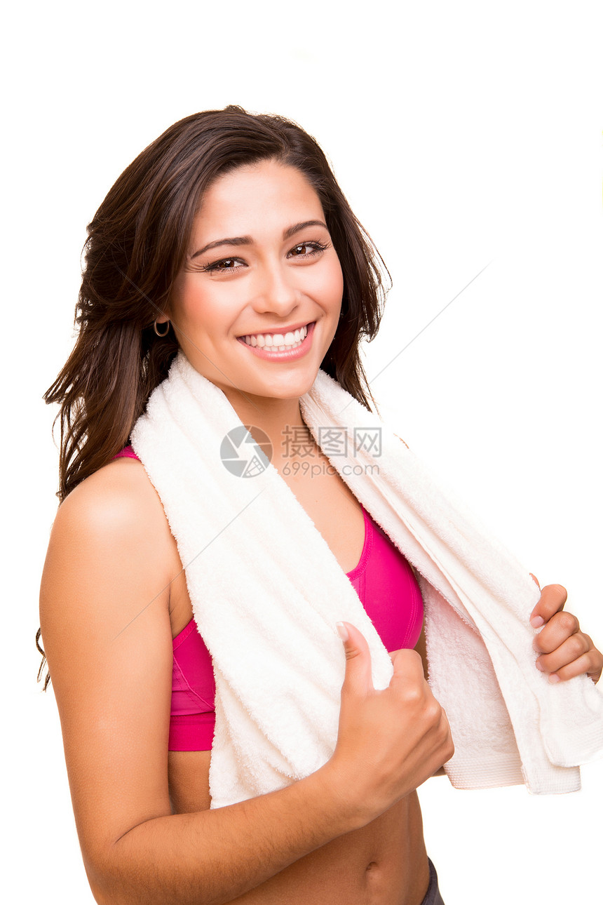 穿着运动毛巾的有吸引力的健身妇女健身房白色女士成人训练活力黑发工作室重量女孩图片