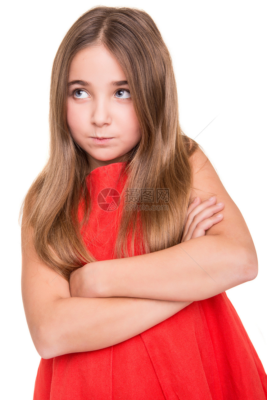 烦恼的小女孩裙子童年红色女孩悲哀学生悲伤孩子教育罪行图片