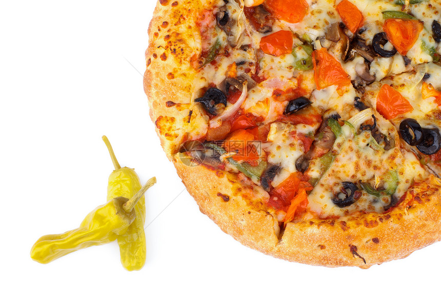 热披萨棕色乡村蔬菜圆圈黄色面团宏观胡椒食物素食者图片