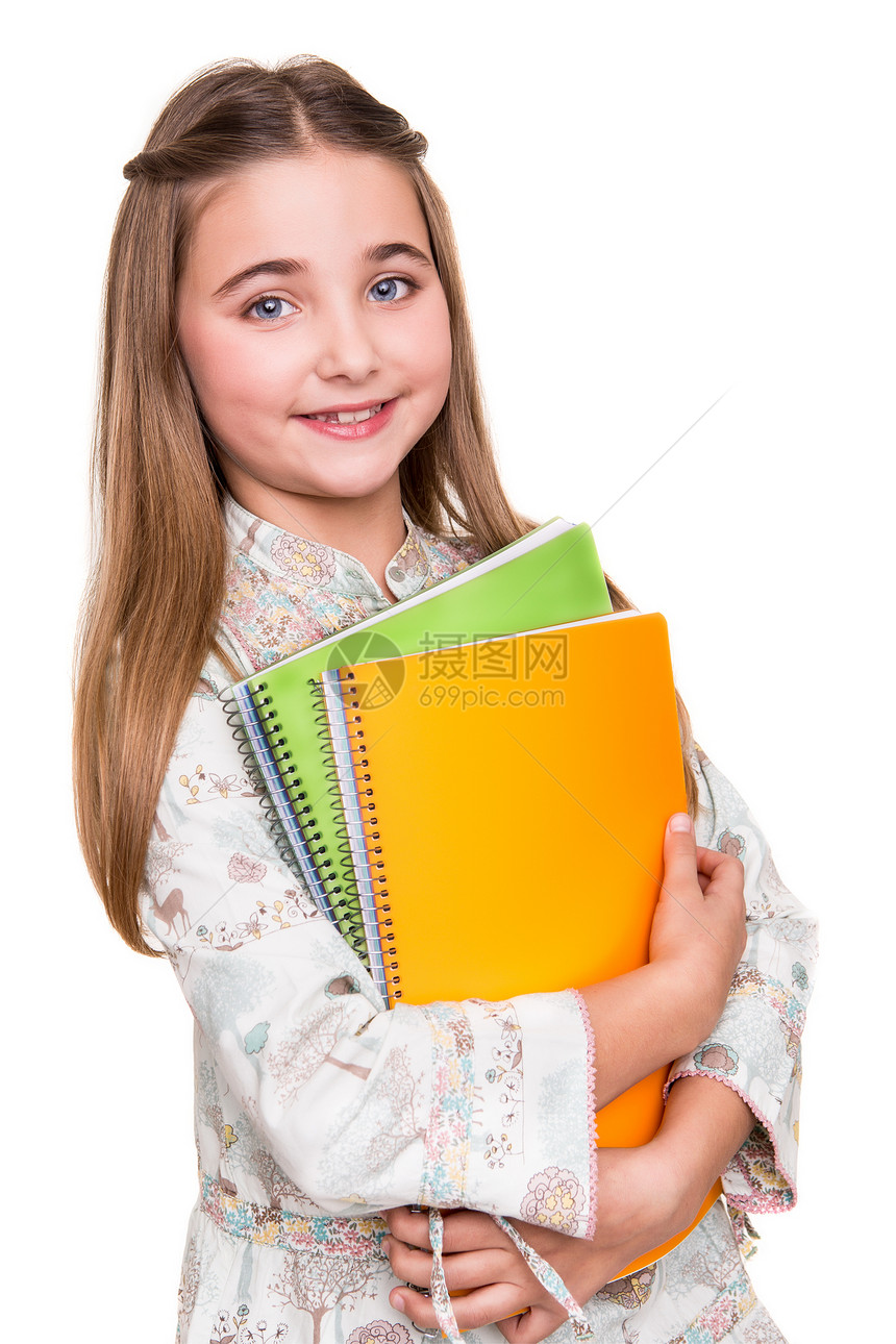 小学生持有笔记本童年背包教育书包大学职业女孩微笑女学生孩子图片