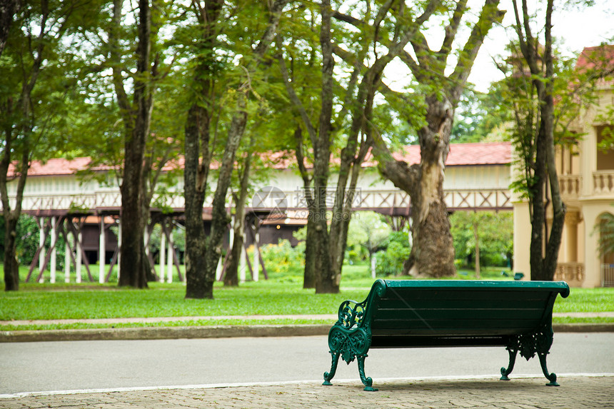 在公园的座椅上叶子家具美化长椅木头座位树木衬套小路植物图片