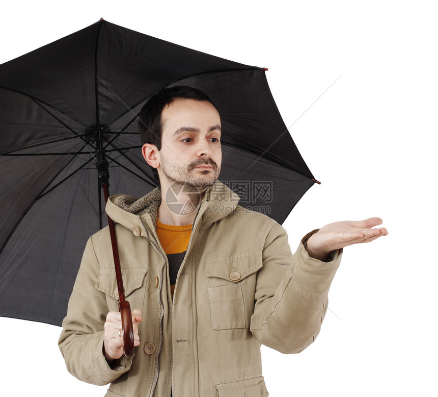 带雨伞的男子棕榈安全危险庇护所商业预防衣服外套白色公司图片