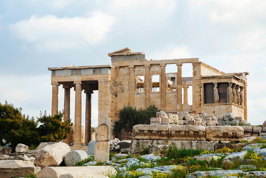 雅典的卡亚提德族人民党旅游建筑学柱子石头废墟城市门廊寺庙考古学神殿图片