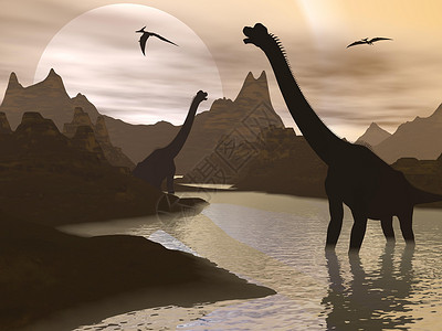 三叠纪水中三维转化成的布拉奇龙恐龙脊椎动物池塘天空插图荒野翼龙岩石爬虫古生物学脖子背景