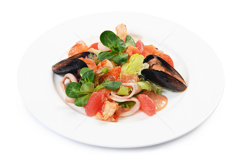 海鲜和鲑鱼的沙拉美味营养叶子小吃餐厅盘子宏观厨房烹饪草本植物图片