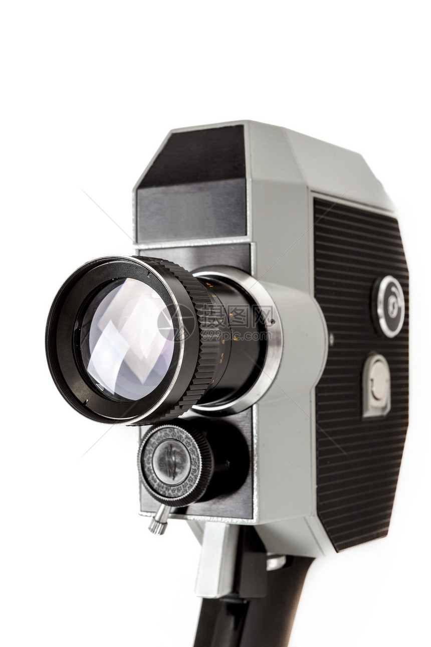 白色的旧8毫米电影摄影机相机古董历史镜片黑色玻璃记录技术光学运动图片