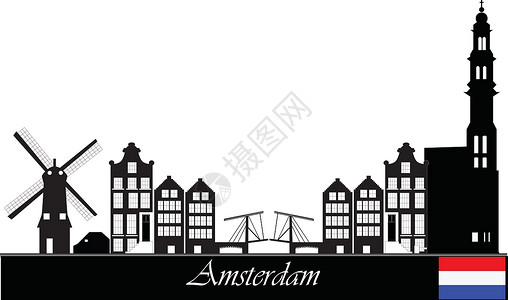 荷兰风车景观Amsterdam 天线特丹建筑物绘画城市风车景观酒店教会商业黑色插画