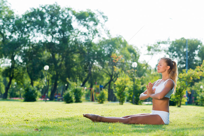 在公园里做瑜伽的女人专注女性女孩运动饮食女士活力树木身体冥想图片