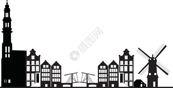 韦斯特法利卡门酒店Amsterdam 天线建筑物风车生活建筑学商业酒店教会城市绘画黑色插画