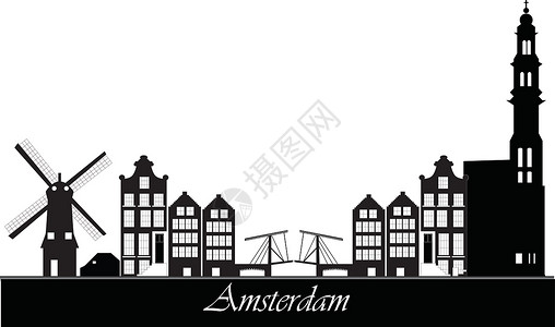 荷兰城市Amsterdam 天线建筑物绘画风车城市特丹教会酒店建筑学黑色景观插画