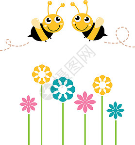 美丽的美蜜蜂 花朵多彩 在白色上与白隔绝背景图片