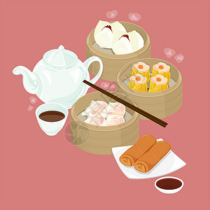 饺子插图插图 中国低和食物茶壶点心水饺早餐竹筐餐厅美食筷子汽船背景