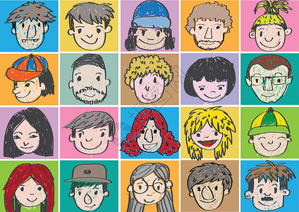 一系列各种漫画脸孔图示学生插图舌头喜悦微笑涂鸦孩子收藏女性学校背景图片