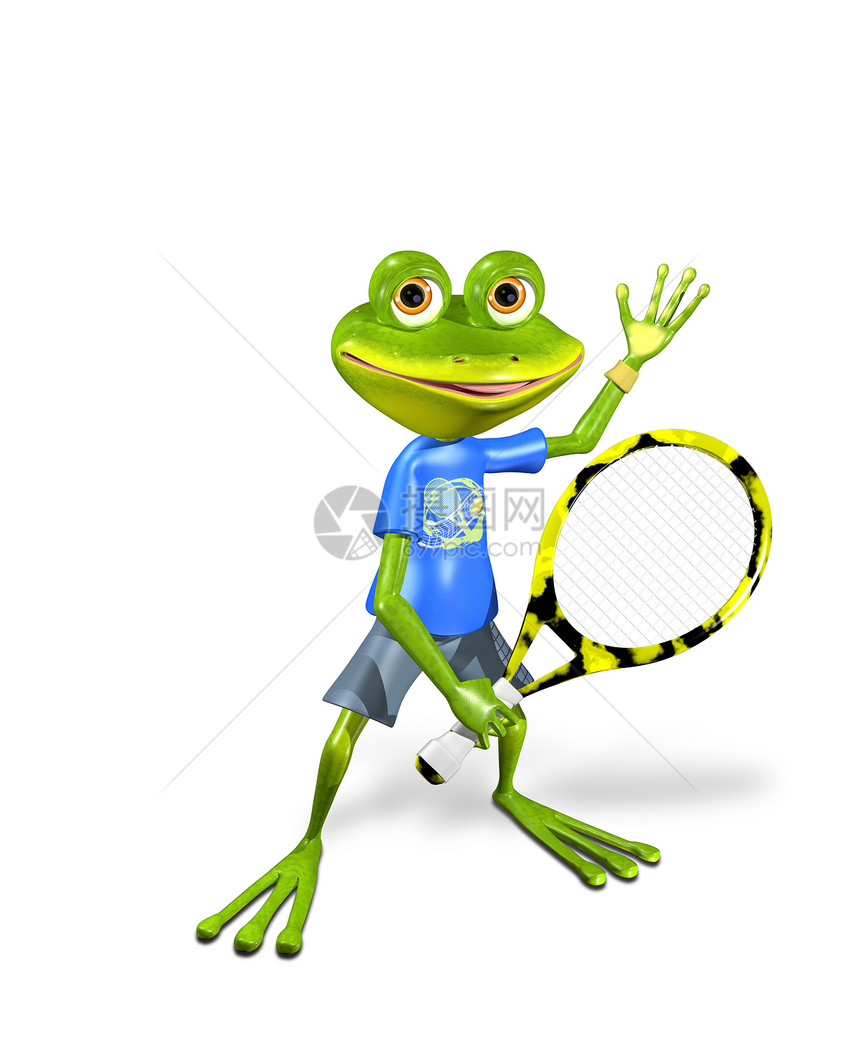青蛙网球舌头微笑动物群艺术家卡通片好奇心插图游戏工具绿色图片