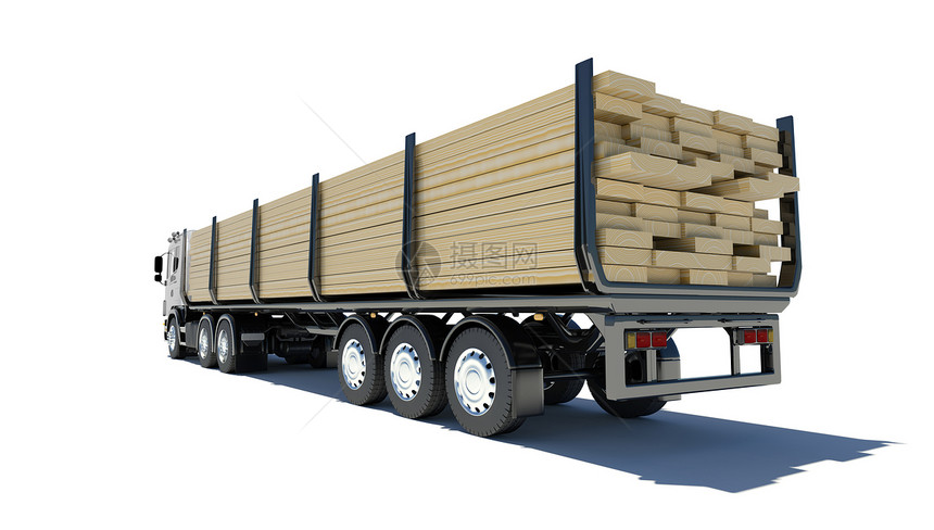 运输木材的卡车 后视圆形货物建筑工作木板白色松树车辆工业交通图片