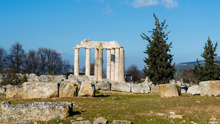 尼米亚古代宙斯寺天空柱子考古学维修文化蓝天脚手架寺庙蓝色首都图片
