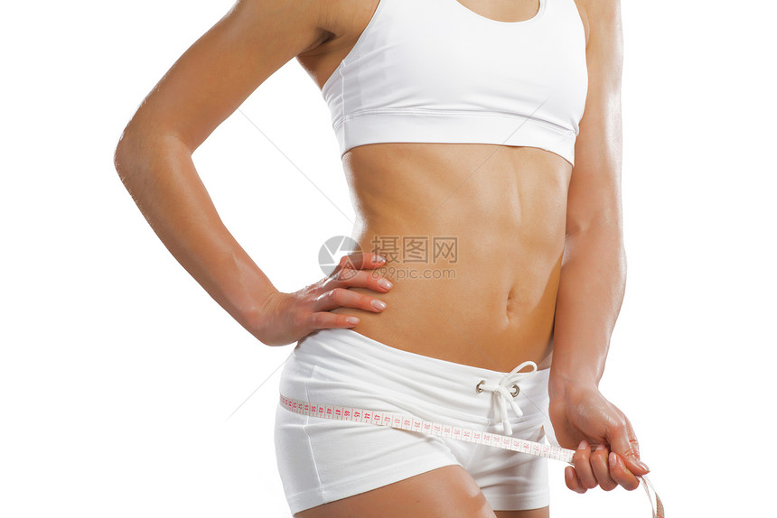 腰部的年轻运动女性身体水果组织饮食健身房减肥重量女士女孩数字图片