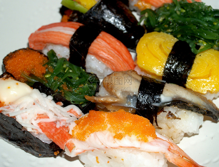 日本日美食汇合盘子烹饪海藻寿司海鲜胡椒拼贴画餐厅午餐鱼片图片