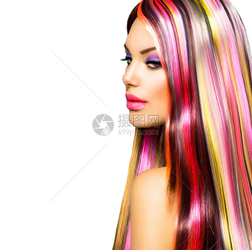 美容时装模特女 彩色戴花头发条纹发型造型彩虹编织女士化妆品眼睛染色奢华图片