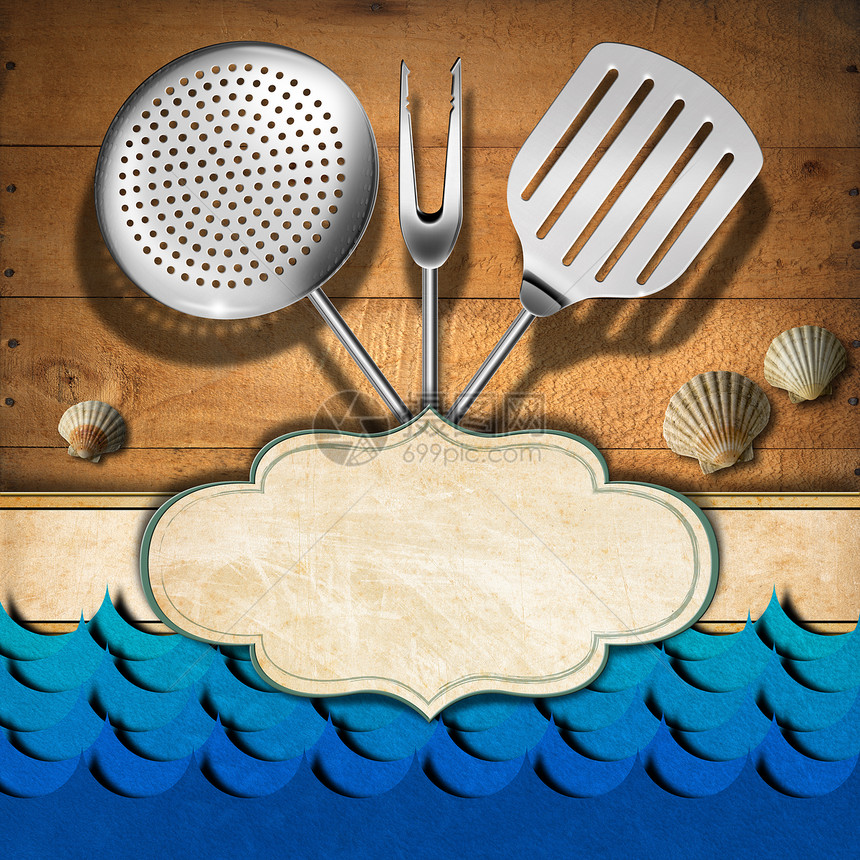 Seafood  菜单模板餐厅正方形木头横幅标签乡村贝壳波浪美食广告图片