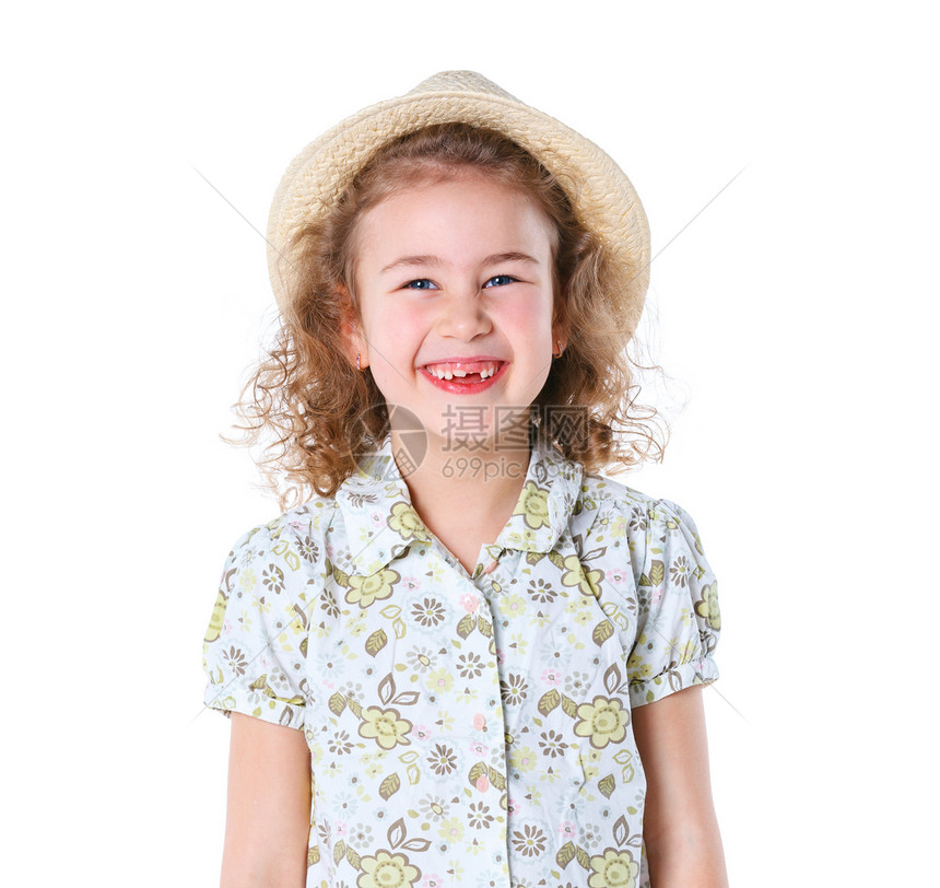 戴着帽子的女孩乐趣头发快乐裙子孩子海滩童年女儿工作室女性图片