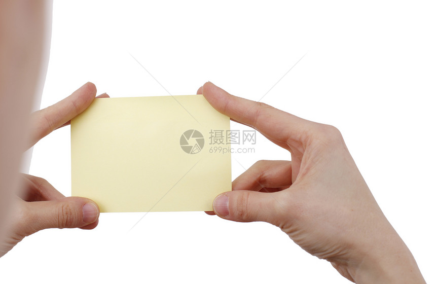 寄一个邮报备忘录邮政长方形黄色女性贴纸白色女士手指空白图片