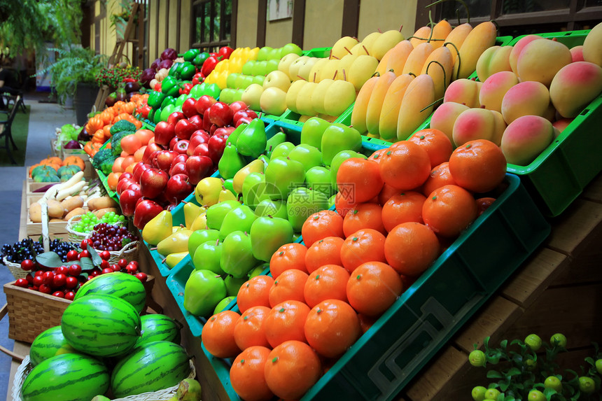 人造水果和蔬菜的多彩色彩果汁饮食食物营养市场农业农场杂货店图片