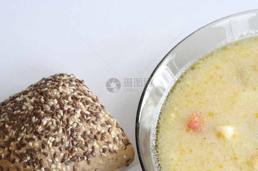 蔬菜汤营养午餐盘子韭葱面包洋葱饮食季节性胡椒烹饪图片