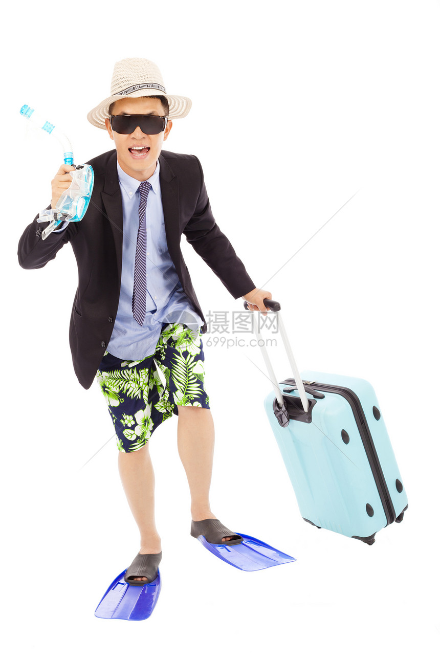 持便装和行李的滑稽商务人士职员姿势套装工作呼吸管太阳镜海洋乐趣男人喜悦图片