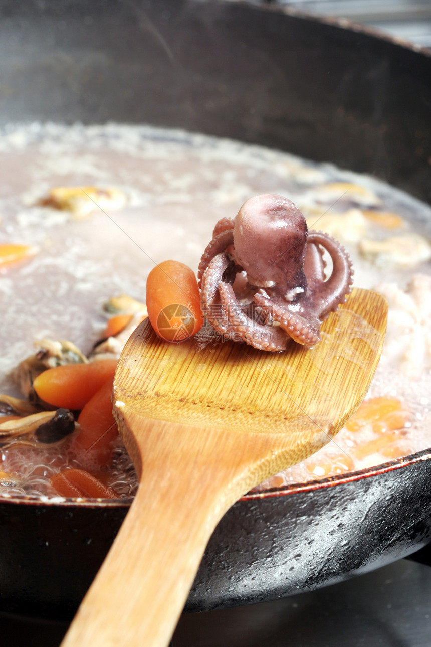 海食蔬菜海鲜平底锅勺子小吃美食海洋触手食物章鱼图片