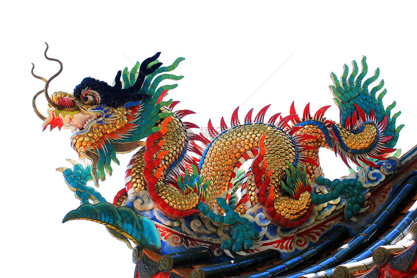 屋顶上的中国龙雕像艺术红色文化宗教寺庙力量金子节日建筑学雕塑图片