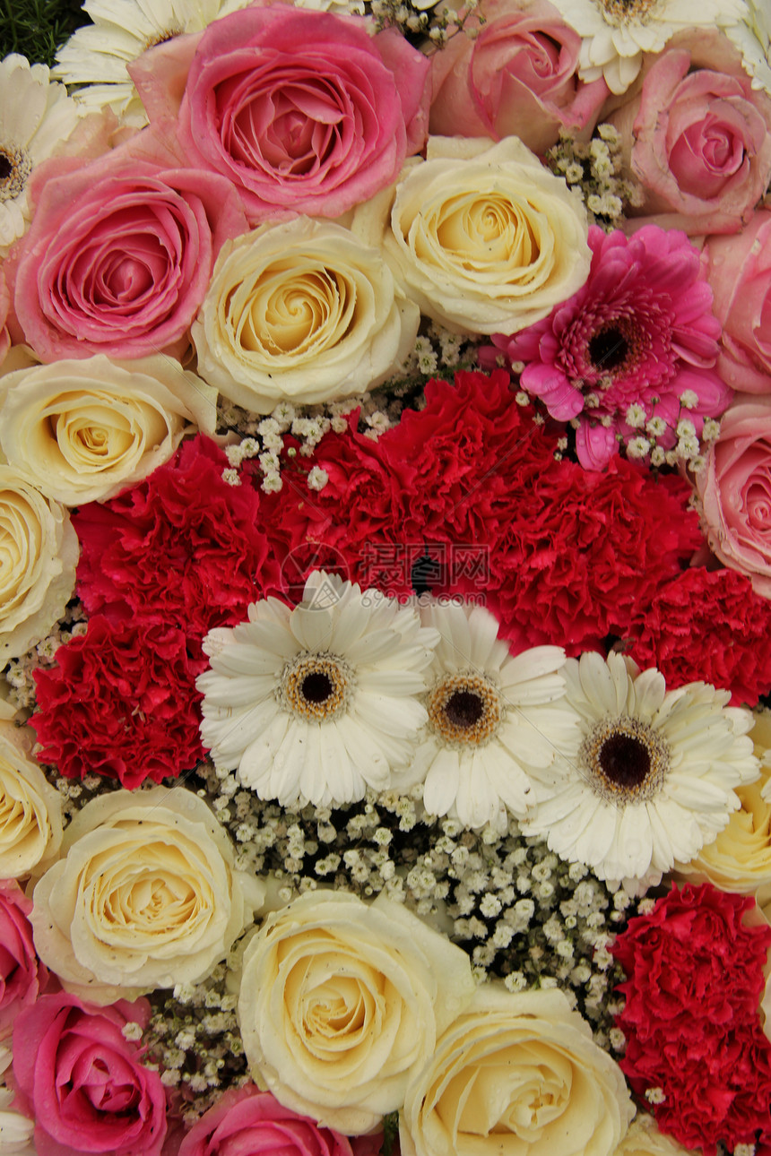 粉色和白色的婚礼安排植物群仪式婚姻新娘中心玫瑰花朵浪漫花瓣花束图片