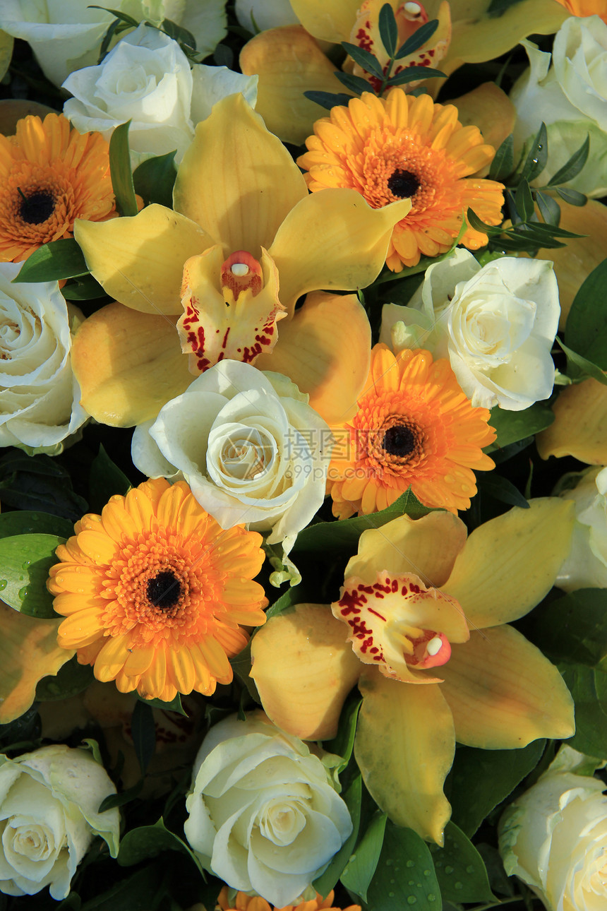 兰 Gerberas和玫瑰绿色植物群黄色花瓣白色婚礼桌子兰花花朵婚姻图片
