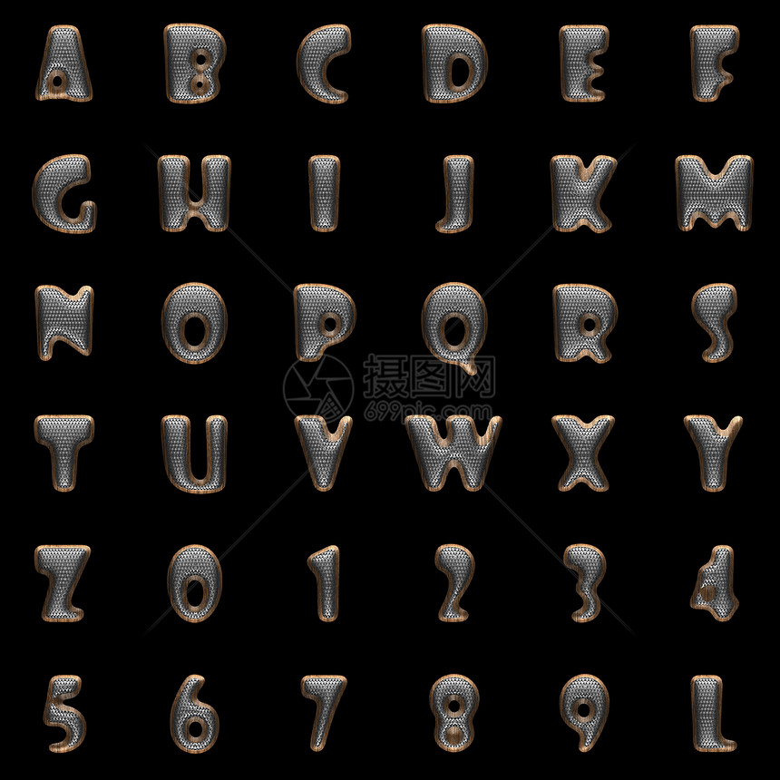 黑色背景上的金属和木的字母表正方形合金木头工厂工业地形字体打字员粮食细胞图片
