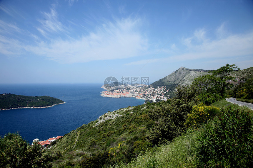 克罗地亚杜布罗夫尼克海景港口全景天空蓝色石头堡垒斑点天蓝色城市图片