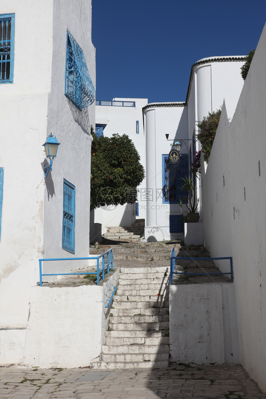 典型建筑 有白墙 蓝门和窗子活力房子白色窗户楼梯植物蓝色风景建筑学图片