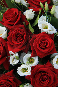 白色和红色婚礼安排装饰品花瓣玫瑰花店花束中心花朵团体婚姻绿色背景图片