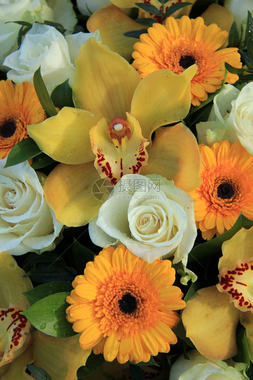 兰 Gerberas和玫瑰婚姻植物群花束兰花装饰品绿色桌子新娘黄色中心图片
