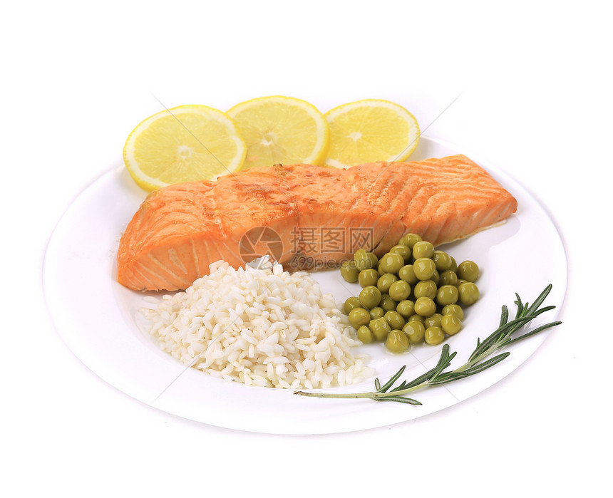 含蔬菜的灰色鲑鱼填料器食物鱼片辣椒迷迭香豆子油炸白色红色美食产品图片