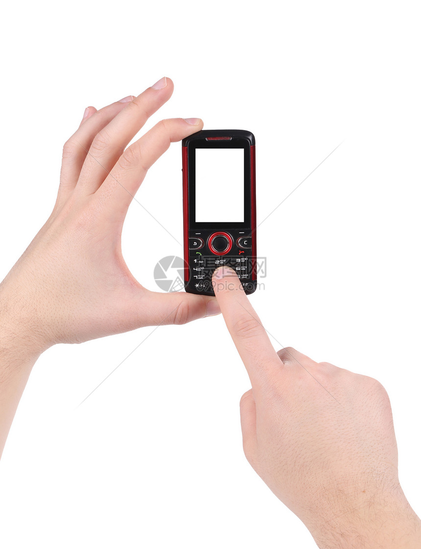 手拿着红黑手机反射纽扣定位网络工具互联网剪裁通信系统电话图片