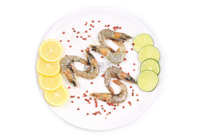 盘子里有生虾 关门午餐柠檬饮食营养胡椒海鲜养殖食物白色甲壳图片