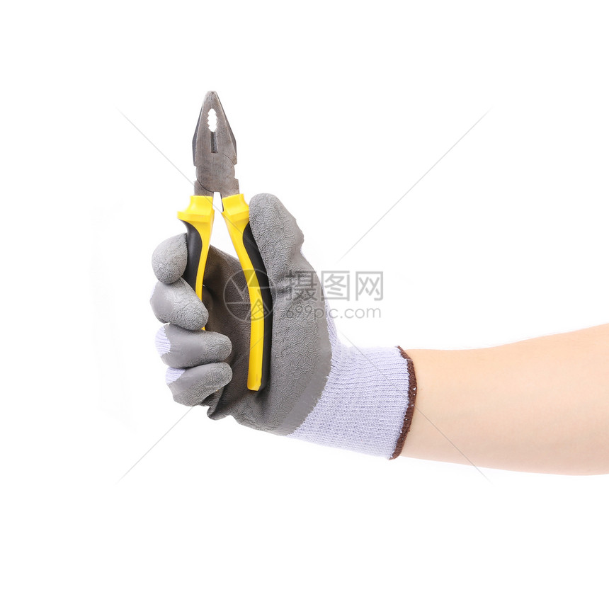 手握手套 拿着钳子工人黄色工具家庭商业维修手指修理工手工鼻子图片