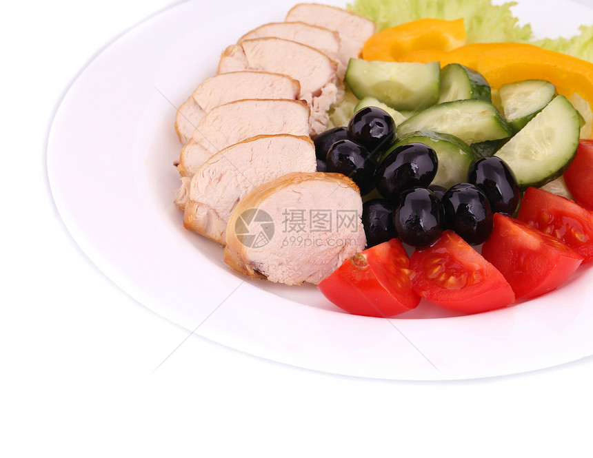 鸡肉沙拉和蔬菜白色绿色午餐盘子饮食食物黄色家禽红色沙拉图片