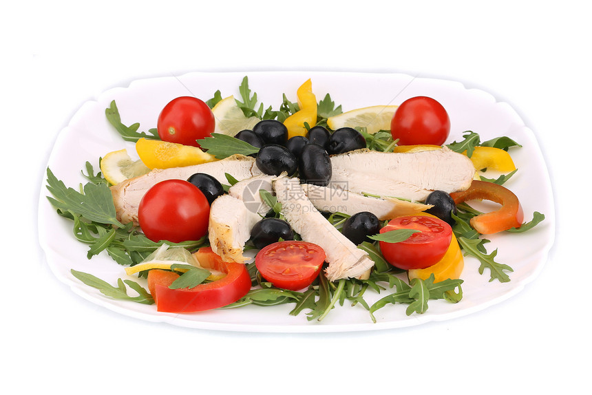 新鲜美味鸡肉沙拉胡椒炙烤黄色盘子绿色白色午餐黑色厨房产品图片