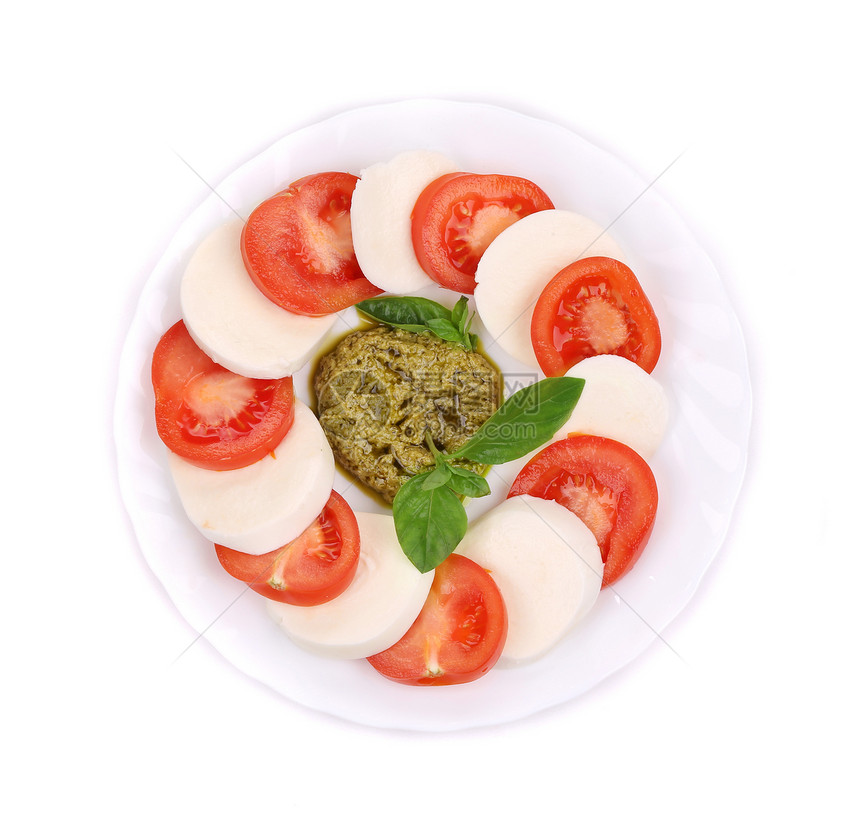 沙拉加番茄和莫扎雷拉奶酪营养沙拉盘子饮食胡椒维生素起动机午餐叶子草本植物图片